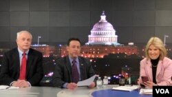 VOA Contributor Greta Van Susteren on the set with VOA National Correspondent Jim Malone (L) and VOA White House Bureau Chief Steve Herman (C).