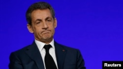Nicolas Sarkozy, head of France's Les Republicains political party and former French President, speaks on the second day of his party's national council in Paris, France, Feb. 14, 2016.