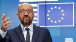 FILE - European Council President Charles Michel attends a news conference following a virtual summit with European Commission President Ursula von der Leyen and European leaders in Brussels, Aug. 19, 2020.