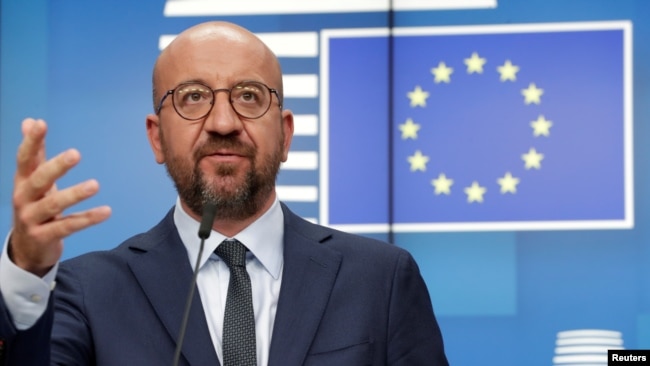 FILE - European Council President Charles Michel attends a news conference following a virtual summit with European Commission President Ursula von der Leyen and European leaders in Brussels, August 19, 2020.