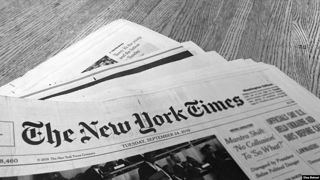 An early edition of the New York Times newspaper is seen on a table at VOA newsroom in Washington, Sept. 24, 2019. (photo: Diaa Bekheet)