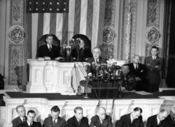 FILE - President Franklin D. Roosevelt gives his annual message to Congress, on Capitol Hill in Washington, Jan. 7, 1943.