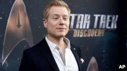 FILE - In this Sept. 19, 2017 file photo, Anthony Rapp, cast member in "Star Trek: Discovery," poses at the premiere of the new television series in Los Angeles. Spacey says he is “beyond horrified” by allegations that he made sexual advances on Rapp when he was a teen boy in 1986. 
