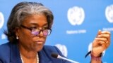 U.S. Ambassador to the United Nations, Linda Thomas-Greenfield, speaks to reporters during a news conference at United Nations headquarters, March 1, 2021.