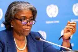 U.S. Ambassador to the United Nations, Linda Thomas-Greenfield, speaks to reporters during a news conference at United Nations headquarters, March 1, 2021.