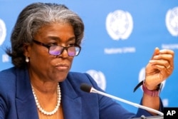 U.S. Ambassador to the United Nations, Linda Thomas-Greenfield, speaks to reporters during a news conference at U.N. headquarters, March 1, 2021.
