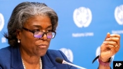 U.S. Ambassador to the United Nations, Linda Thomas-Greenfield, speaks to reporters during a news conference at United Nations headquarters, March 1, 2021.
