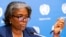 U.S. Ambassador to the United Nations, Linda Thomas-Greenfield, speaks to reporters during a news conference at United Nations headquarters, March 1, 2021.