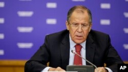 Russian Foreign Minister Sergey Lavrov speaks at the Foreign Ministry's headquarters in Moscow, Russia, Oct. 20, 2014. In a phone call with U.S. Secretary of State Rex Tillerson, Oct. 9, 2017, Lavrov said any escalation of tensions on the Korean peninsula is unacceptable.