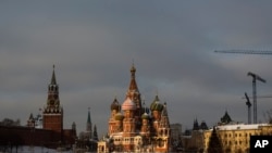 FILE - This photo taken Jan. 11, 2019, shows St. Basil's Cathedral on Red Square on a cold winter day in Moscow, Russia. 