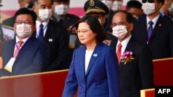 Taiwan's President Tsai Ing-wen attends national day celebrations in front of the Presidential Palace in Taipei, Oct. 10, 2021. 