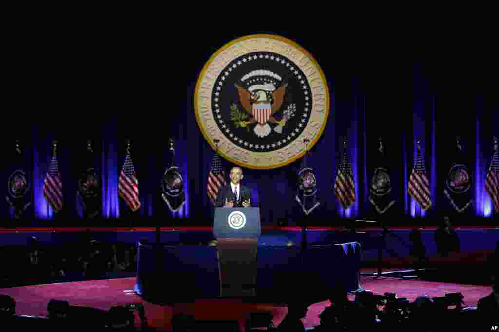 President Barack Obama speaks at McCormick Place in Chicago, Jan. 10, 2017, giving his presidential farewell address. 
