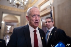 FILE—Benny Gantz, a key member of Israel's War Cabinet and the top political rival of Israeli Prime Minister Benjamin Netanyahu, leaves a meeting in the office of Senate Minority Leader Mitch McConnell, R-Ky., at the Capitol in Washington, March 4, 2024.