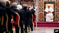 Pope Francis attends an audience with the members of the Diplomatic Corps accredited to the Holy See for the traditional exchange of New Year greetings at the Sala Regia, at the Vatican, Jan. 7, 2019.