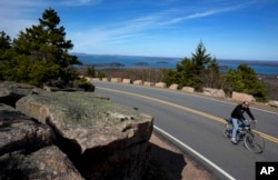 A bicyclists peddles up the road to the summit of Cadillac Mountain