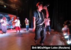 Indigenous rappers group Brô MCs performs in a concert in Asunción, Paraguay, April 2014.