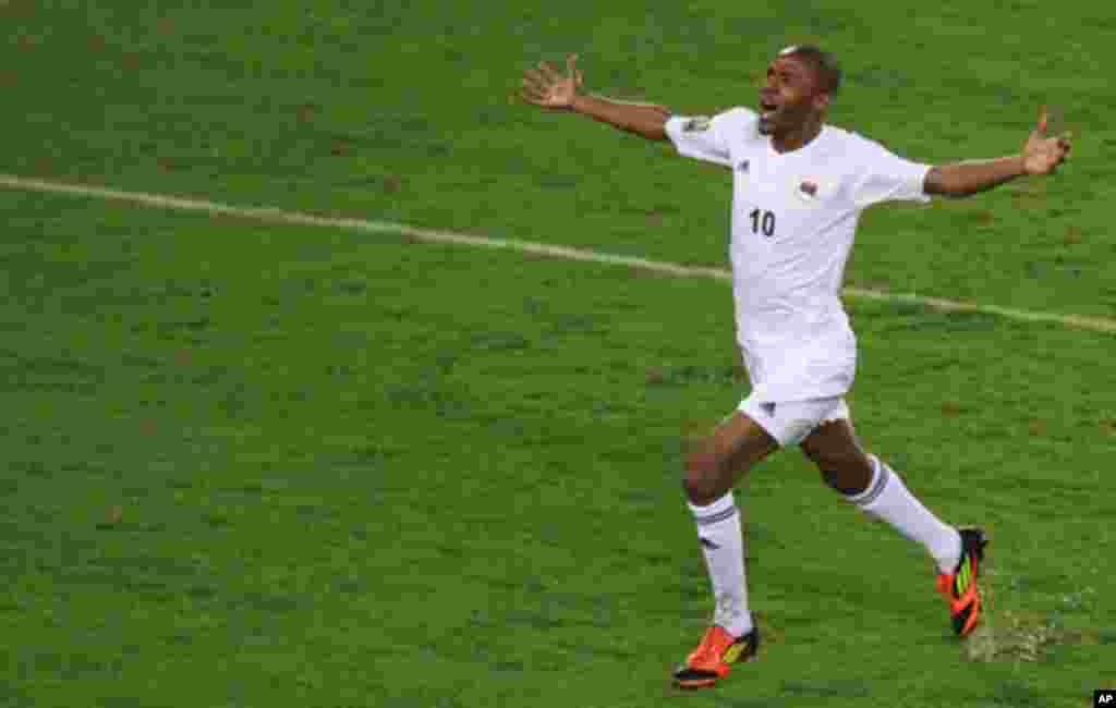 Libya's Ahmed Saad celebrates his goal against Zambia during their African Nations Cup Group A soccer match at Estadio de Bata "Bata Stadium", in Bata