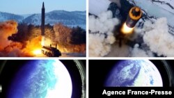 Combinación de fotos divulgada por Corea del Norte el 31 de enero de 2022, sobre el ensayo de un misil balístico de alcance intermedio Hwasong 12.
