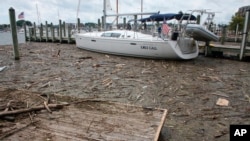 FILE - Debris washed into the Chesapeake Bay from record rainfall accumulates around a sailboat in Annapolis, Md., Aug. 1, 2018., 