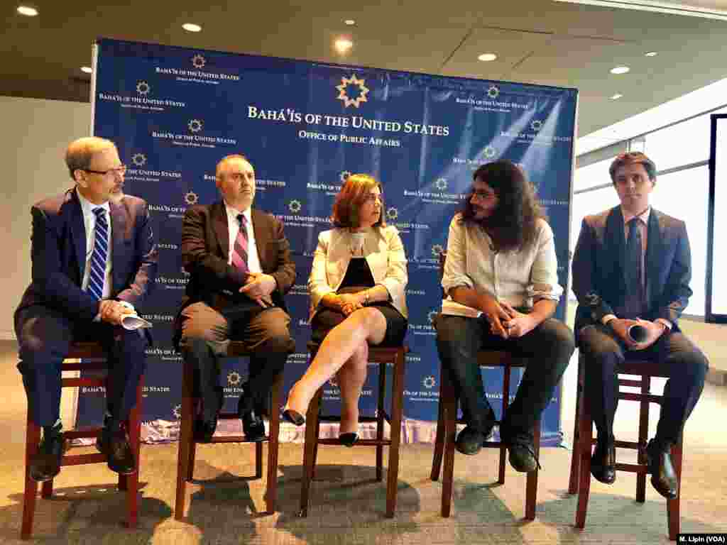 The Baha&rsquo;is of the United States and the Religious Freedom Center hold a panel discussion at Washington&rsquo;s Newseum, July 26, 2018. Other panelists include &quot;The Cost of Discrimination&quot; filmmaker Arash Azizi, second right, and Baha&rsquo;i Institute for Higher Education instructor Saman Mobasher, right.