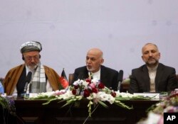President Ashraf Ghani, center, speaks during the Kabul Process conference at the Presidential Palace in Kabul, Afghanistan, June 6, 2017.