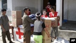 지난 2012년 8월 북한 평안남도 안주 홍수 피해 주민들이 적십자·적신월사 제공 구호품을 받고 있다. (자료사진)