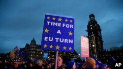 Des manifestants proeuropéens tiennent des affiches sur la place du Parlement à Londres, le 15 janvier 2019.
