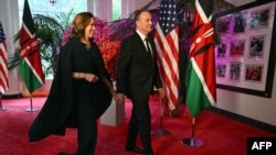 FILE - U.S. Vice President Kamala Harris and her husband Douglas Emhoff arrive at the Booksellers Room of the White House on the occasion of the State Dinner with the Kenyan president at the White House in Washington, DC, on May 23, 2024. 