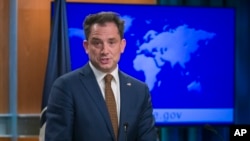 State Department deputy spokesperson Robert Palladino speaks during a media availability at the State Department, Feb. 7, 2019, in Washington.