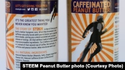 The label of new peanut butter shows an added ingredient -- caffeine. Critics complain that this is bad for children, a group that eats a lot of peanut butter. 