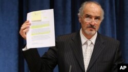 Bashar Ja'afari, Syrian ambassador to the United Nations, speaks at a news conference at U.N. headquarters, Apr. 30, 2013.