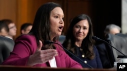 FILE - Senator Ashley Moody, a Florida Republican, speaks during the confirmation hearing before the Senate Judiciary Committee for Kash Patel, President Donald Trump's choice to be director of the FBI, at the Capitol in Washington, Jan. 30, 2025.