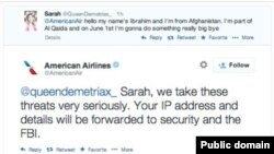 Tweet berisi ancaman dari seorang anak perempuan berusia 14 tahun kepada American Airlines.