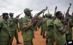 FILE - South Sudanese rebel soldiers raise their weapons at a military camp in the capital Juba, South Sudan, Thursday, April 7, 2016.