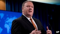 Menlu AS Mike Pompeo berbicara di Deplu AS, Washington DC, Jumat (14/9). 