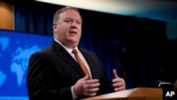 Secretary of State Mike Pompeo speaks at a news conference in the press briefing room at the State Department in Washington, Sept. 14, 2018, in Washington.