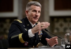 Gen. John Nicholson, the top U.S. commander in Afghanistan, testifies on Capitol Hill in Washington, Feb. 9, 2017, before the Senate Armed Services Senate Committee.