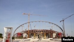 A view of the construction work at the Khalifa International Stadium in Doha, Qatar, March 26, 2016. Workers in Qatar renovating a 2022 World Cup stadium have suffered human rights abuses two years after the tournament's organizers drafted worker welfare standards in the wake of criticism, Amnesty International said. 