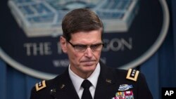 FILE - Army Gen. Joseph Votel, commander of U.S. Central Command, speaks at the Pentagon, April 29, 2016. Votel on Saturday visited Syria, where U.S. special operations forces are working with local fighters in the battle against IS.