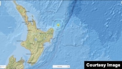 A USGS National Earthquake Information Center map shows seismic activity around the area off the coast of New Zealand where a powerful earthquake struck Friday, Sept. 1, 2016.