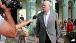 U.S. delegation leader Sen. Patrick Leahy (D-Vt.) talks with reporters as he leaves the Hotel Saratoga in Havana, Cuba, Jan. 17, 2015.