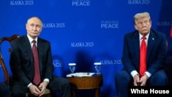 آرشیف:‌دونالد ترمپ، رییس جمهور ایالات متحده‌ امریکا و ولادیمیر پوتین، رییس جمهور روسیه حین ملاقات در آلاسکا - ایالات متحده