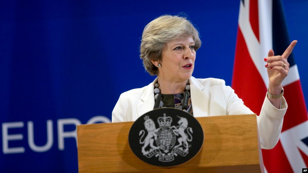 FILE - British Prime Minister Theresa May Theresa May speaks during a media conference at an EU summit in Brussels on Oct. 20, 2017.