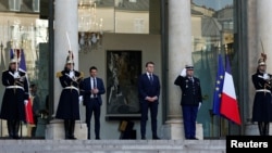 French President Emmanuel Macron waits for the arrival of European leaders for a meeting on Ukraine and European security at the Elysee Palace in Paris, Feb. 17, 2025. 