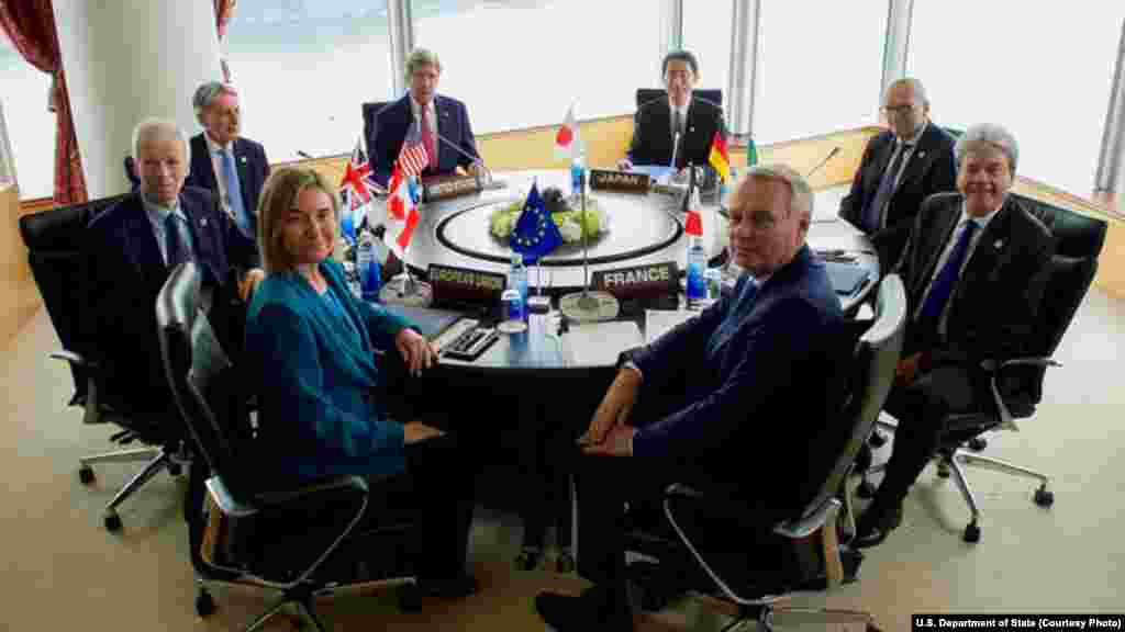 U.S. Secretary of State John Kerry begins the first working session of the G-7 Ministerial meeting with colleagues from Canada, the European Union, France, Germany, Italy, Japan and Britain at the Grand Prince Hotel in Hiroshima, Japan, April 10, 2016.