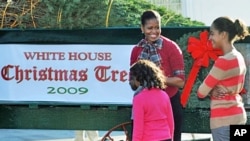 US First Lady Michelle Obama and her daughter Sasha are presented with the official White House Christmas Tree at the North Portico of the White House in Washington, DC, 27 Nov 2009