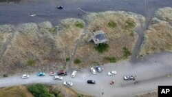 Ambulans dan kendaraan darurat diparkir di pantai Muriwai defat Auckland, Selandia Baru, Rabu (27/2). Seorang pria ditemukan tewas di lepas pantai ini akibat serangan ikan hiu. (AP Photo/New Zealand Herald, Chris Gorman)