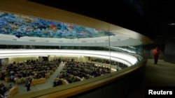 FILE - A session of the Human Rights Council at the United Nations in Geneva, Switzerland.