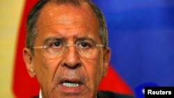 Russian Foreign Minister Sergei Lavrov speaks to media after talks on the situation in Ukraine in Geneva April 17, 2014.