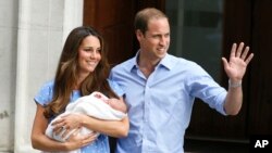 Britain's Prince William and his wife Kate hold the Prince of Cambridge, July 23, 2013, outside the exclusive Lindo Wing at St. Mary's Hospital in London where the Duchess gave birth.